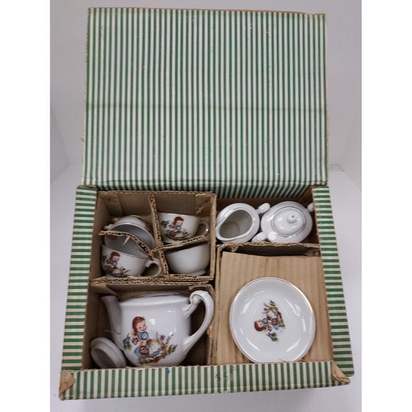 Children's China Tea Set 17pcs Made in Japan Girl and Blue Bird Damaged Cup - Picture 7 of 9